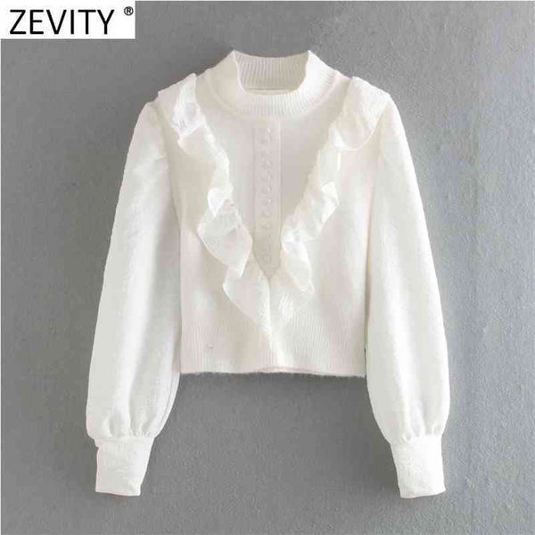 women sweet ruffles patchwork white knitting sweater female chic puff sleeve buttons casual slim pullovers s545 210416, White;black
women sweet ruffles patchwork white knitting sweater female chic puff sleeve buttons casual slim pullovers s545 210416, White;black