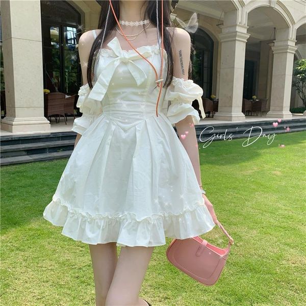 party dresses 2021 white kawaii fairy strap dress women patchwork off shoulder mini bow ruffle sweet cute princess sundress, White;black
party dresses 2021 white kawaii fairy strap dress women patchwork off shoulder mini bow ruffle sweet cute princess sundress, White;black
