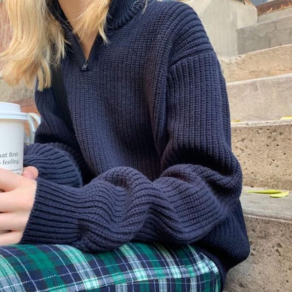 women's sweaters vintage solid knitted sweater women autumn half zipper turtleneck long sleeve femme simple casual knit jumper 2021, White;black
women's sweaters vintage solid knitted sweater women autumn half zipper turtleneck long sleeve femme simple casual knit jumper 2021, White;black