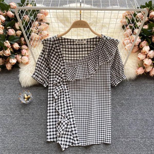 women's blouses & shirts summer fashion blouse female retro plaid blusa diagonal collar sweet ruffled slim fit short-sleeved shirt dk10, White
women's blouses & shirts summer fashion blouse female retro plaid blusa diagonal collar sweet ruffled slim fit short-sleeved shirt dk10, White