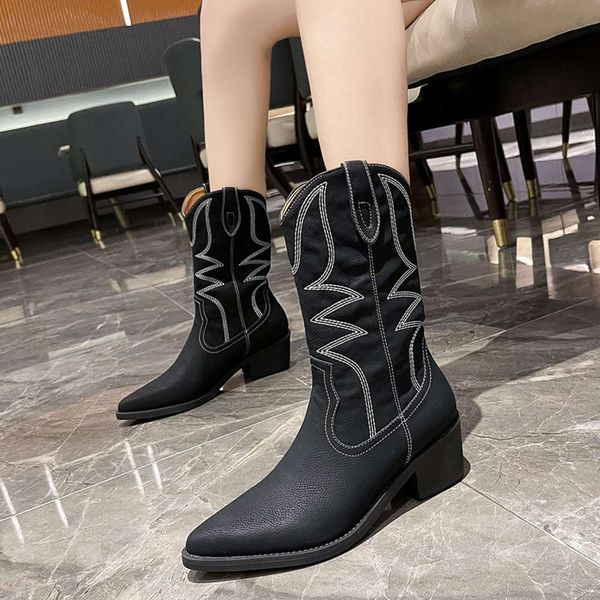 large size boots children's pointed middle tube thick heel fashion, Black