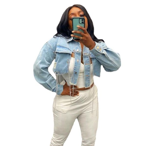 women's jackets summer 2021 trend streetwear light blue ripped denim jacket women asymmetric short long sleeve backless chain coat, Black;brown
women's jackets summer 2021 trend streetwear light blue ripped denim jacket women asymmetric short long sleeve backless chain coat, Black;brown
