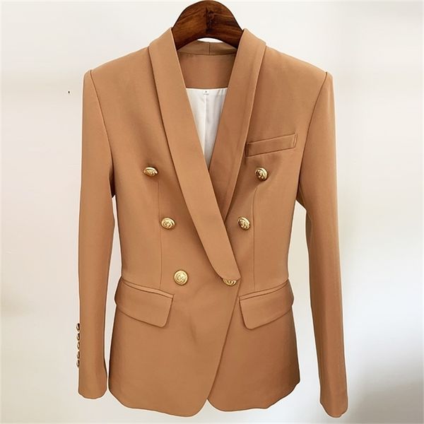 high street est designer blazer jacket women's slim fitting double breasted metal lion buttons shawl collar blazer 211022, White;black
high street est designer blazer jacket women's slim fitting double breasted metal lion buttons shawl collar blazer 211022, White;black