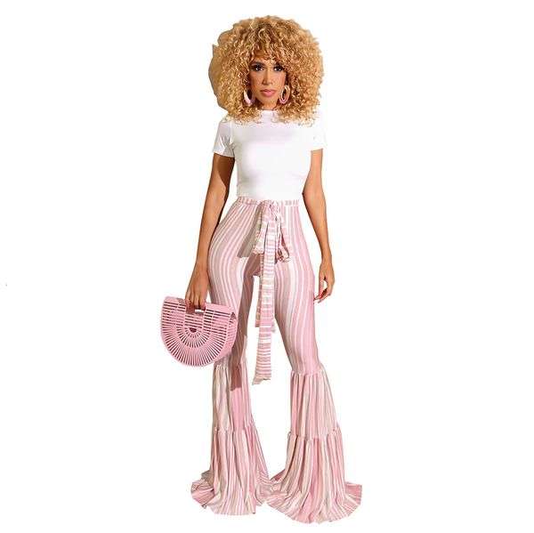 est elegant pink stripes women flare with sash high waist ruffles full lengh fashion long pants bell bottom no tees, White
est elegant pink stripes women flare with sash high waist ruffles full lengh fashion long pants bell bottom no tees, White