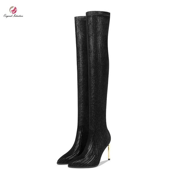 boots original intention fashion over the knee high woman metal heels thin pointed toe stripes shoes, Black
boots original intention fashion over the knee high woman metal heels thin pointed toe stripes shoes, Black