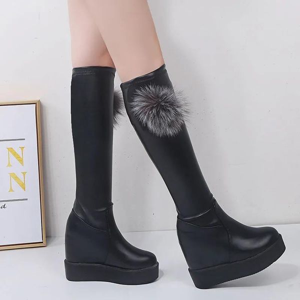 boots winter knee high for women 2021 fashion leather shoes wedges heels platform stretch, Black