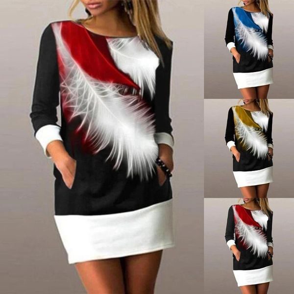 skirts women o neck long sleeve color block feather print pockets loose mini dress, Black
skirts women o neck long sleeve color block feather print pockets loose mini dress, Black