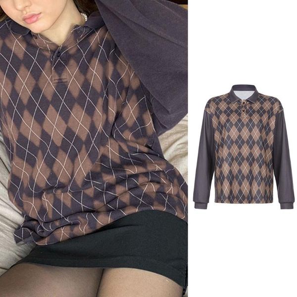 women's hoodies & sweatshirts women long sleeve lapel button sweatshirt contrast color argyle plaid loose bx0b, Black 
women's hoodies & sweatshirts women long sleeve lapel button sweatshirt contrast color argyle plaid loose bx0b, Black