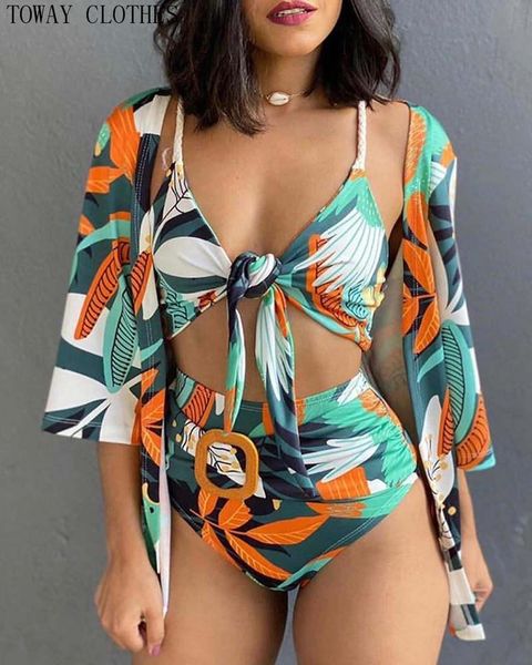 women fashion plant print bikini with cover up v-neck beachwear high waist seaside set one-piece suits
women fashion plant print bikini with cover up v-neck beachwear high waist seaside set one-piece suits