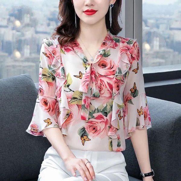 women's blouses & shirts floral blouse 2021 summer lace-up bow shirt short sleeve chiffon korean work office blusas mujer, White
women's blouses & shirts floral blouse 2021 summer lace-up bow shirt short sleeve chiffon korean work office blusas mujer, White