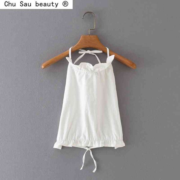 vintage spring summer women's fashion white ruffled backless halter neck strap sling crop camis 210508
vintage spring summer women's fashion white ruffled backless halter neck strap sling crop camis 210508