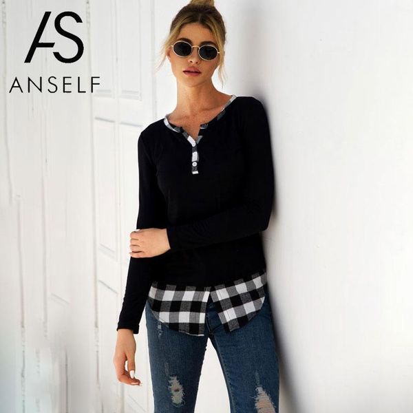 spring women t-shirt checked print splicing irregular hemline v neck long sleeve button casual tshirt women's, White 
spring women t-shirt checked print splicing irregular hemline v neck long sleeve button casual tshirt women's, White