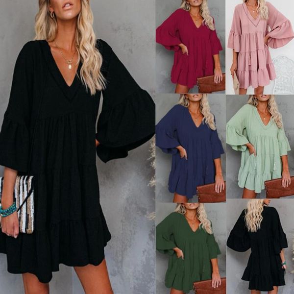 women loose casual dress style lace-up ruffles solid three quarter flare sleeve girls dresses wl96, Black;gray
women loose casual dress style lace-up ruffles solid three quarter flare sleeve girls dresses wl96, Black;gray