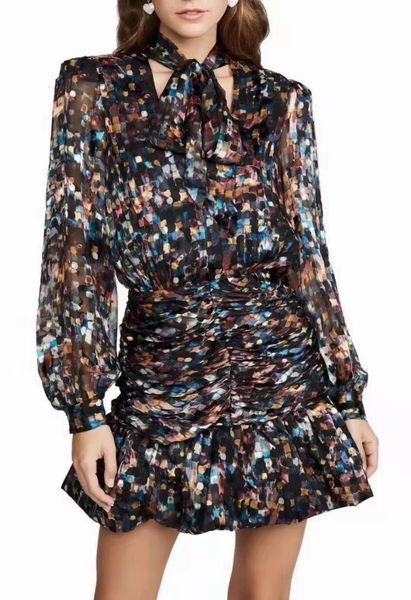 european and american spring print v-neck sleeve ruffle, Black;gray