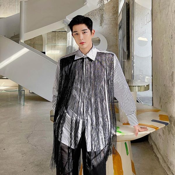 men's casual shirts tassel fashion long sleeve loose striped man streetwear vintage shirt stage clothing for male, White;black
men's casual shirts tassel fashion long sleeve loose striped man streetwear vintage shirt stage clothing for male, White;black