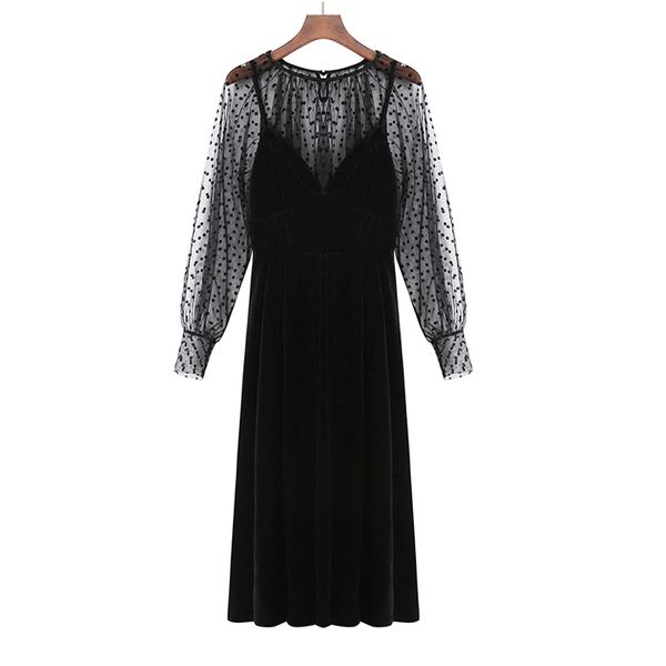 women two-piece set black khaki mesh polka dot o neck long sleeve shirt solid velvet v-neck strap midi dress t0321 210514, Black;gray
women two-piece set black khaki mesh polka dot o neck long sleeve shirt solid velvet v-neck strap midi dress t0321 210514, Black;gray