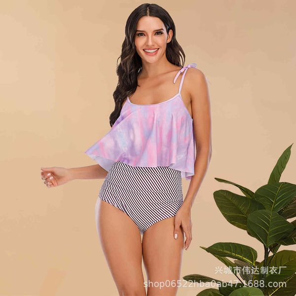 high 2020 new ruffle women's belly covered waist swimsuit tie dyed bikini, White;black
high 2020 new ruffle women's belly covered waist swimsuit tie dyed bikini, White;black
