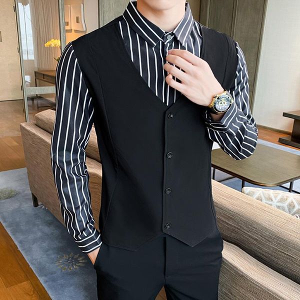 men's casual shirts mens fake two waistcoat shirt luxury splicing striped print long sleeved camisa wedding hombre nightclub slim fit b, White;black
men's casual shirts mens fake two waistcoat shirt luxury splicing striped print long sleeved camisa wedding hombre nightclub slim fit b, White;black