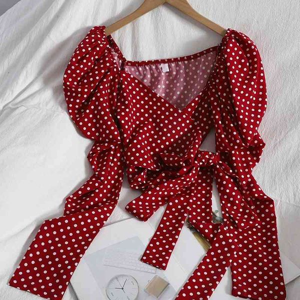 women's knits & tees summer cross-tie bow-knot elegant shirt blouse contrast color wave-dot short korean puff sleeve women top, White
women's knits & tees summer cross-tie bow-knot elegant shirt blouse contrast color wave-dot short korean puff sleeve women top, White