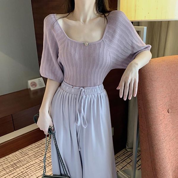 women's t-shirt solid color women ice silk knitted clavicle square collar short simple style sleeves summer female casual tees, White
women's t-shirt solid color women ice silk knitted clavicle square collar short simple style sleeves summer female casual tees, White