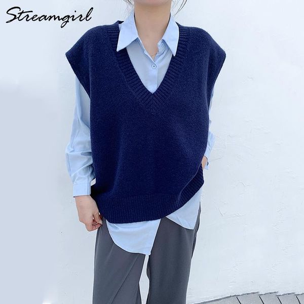 women's vests streamgirl vest female loose spring sleeveless pullovers short solid blue v-neck knit women sweaters, Black;white
women's vests streamgirl vest female loose spring sleeveless pullovers short solid blue v-neck knit women sweaters, Black;white