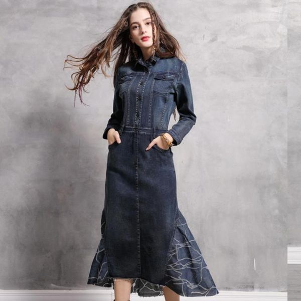 casual dresses 100% cotton retro style trumpet mermaid denim dress female single breasted printed ruffles stitching french wq1979, Black;gray
casual dresses 100% cotton retro style trumpet mermaid denim dress female single breasted printed ruffles stitching french wq1979, Black;gray