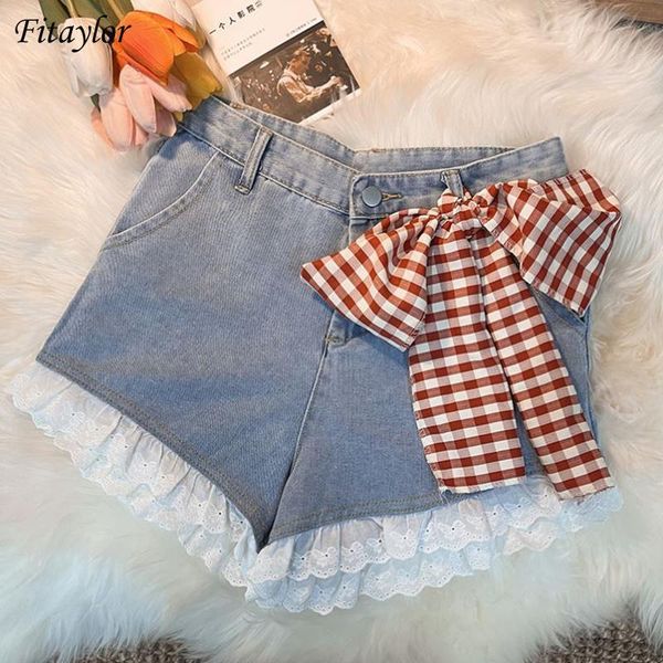 women's shorts fitaylor summer women high waist patchwork lace bow retro blue denim casual female wide leg ladies jeans, White;black 
women's shorts fitaylor summer women high waist patchwork lace bow retro blue denim casual female wide leg ladies jeans, White;black