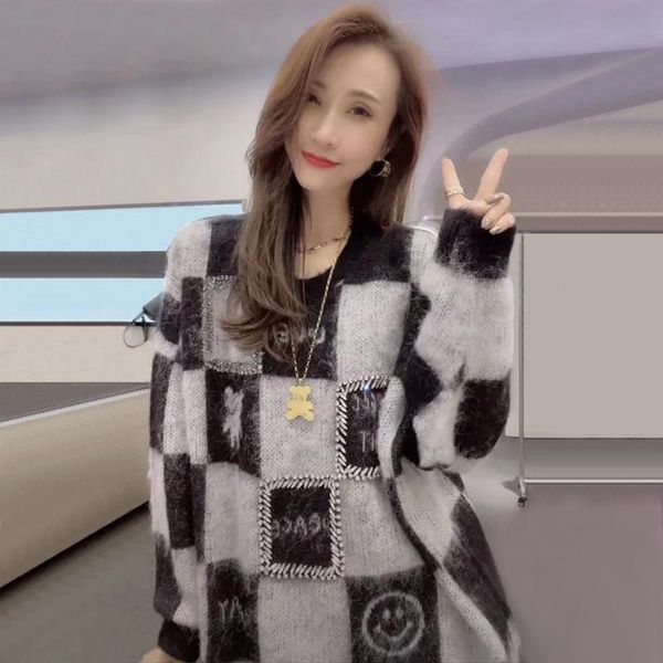 women's sweaters 2021 early autumn plaid long sleeve grey knitted pullover spring and fashion, White;black
women's sweaters 2021 early autumn plaid long sleeve grey knitted pullover spring and fashion, White;black