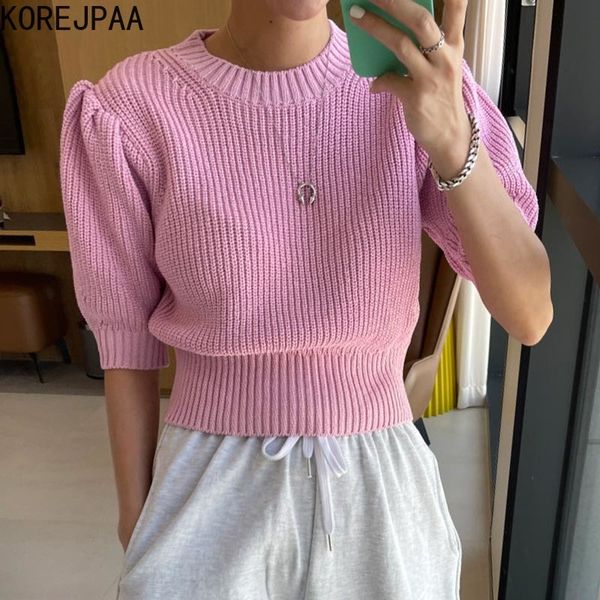 women sweater summer korean sweet simple versatile round neck candy color pit strip puff sleeve knitted pullovers 210514, White;black
women sweater summer korean sweet simple versatile round neck candy color pit strip puff sleeve knitted pullovers 210514, White;black