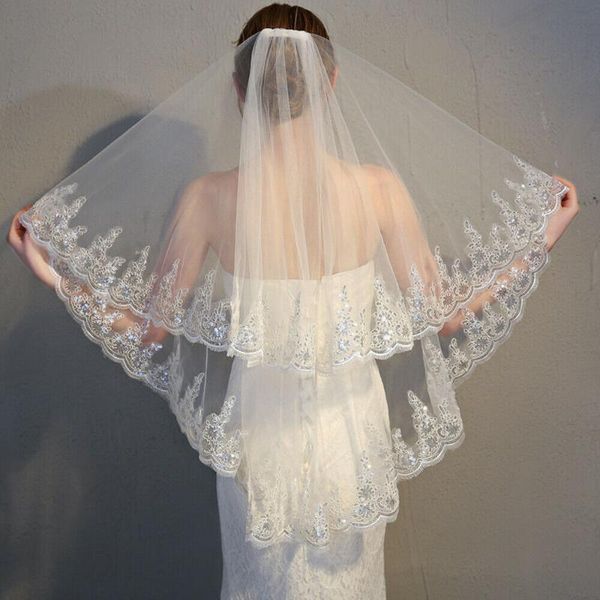 bridal veils 2 layers lace wedding veil fingertip with comb ivory/white bride, Black