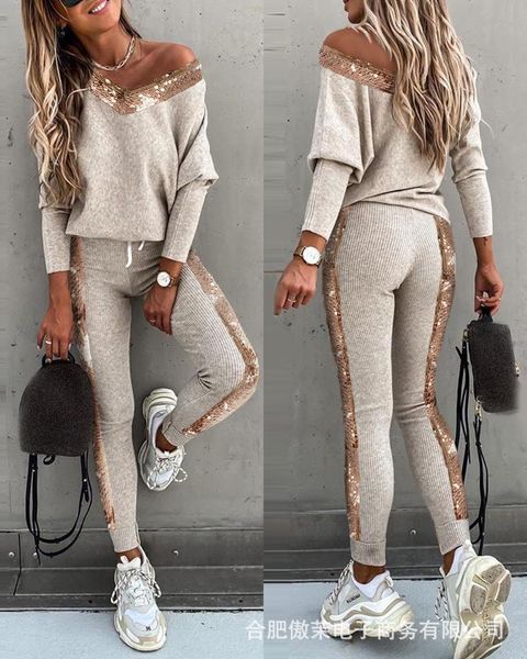 women's tracksuits fashion solid colors v-neck casual slim long sleeve sequin stitching suit 2pcs set, Gray
women's tracksuits fashion solid colors v-neck casual slim long sleeve sequin stitching suit 2pcs set, Gray