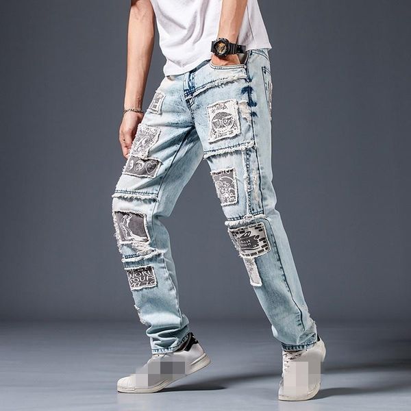men's jeans micro-elasticity mens patch print tassel ripped hole fit pencil pants males straight motorcycle trousers autumn winter, Blue
men's jeans micro-elasticity mens patch print tassel ripped hole fit pencil pants males straight motorcycle trousers autumn winter, Blue