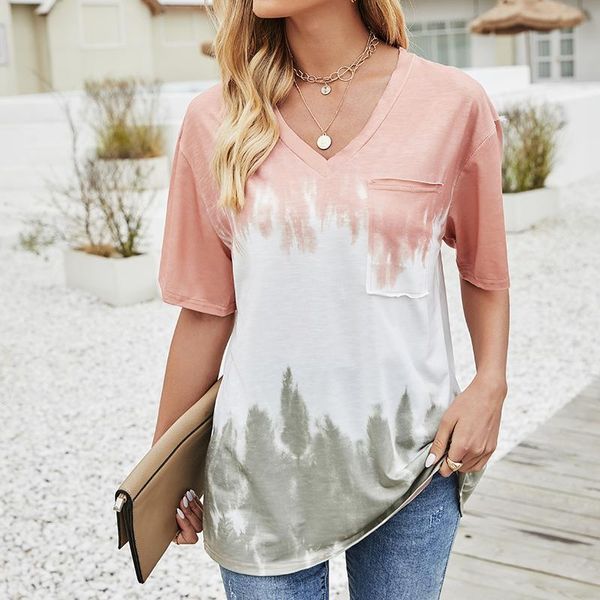 women's t-shirt gradient tie dye pocket loose v neck short sleeve t shirt women casual fashion summer beach holiday street wear, White
women's t-shirt gradient tie dye pocket loose v neck short sleeve t shirt women casual fashion summer beach holiday street wear, White