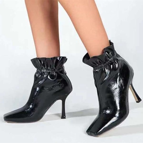 boots fancy booty for girls turnover edge elastic women ankle back zipper high heel square toe big size 43, Black