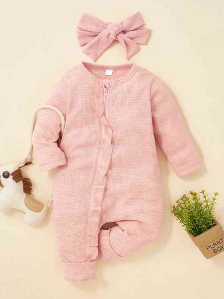 baby waffle knit frill trim jumpsuit with headband she, Blue