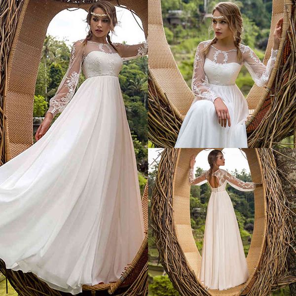 bohemian chiffon a-line wedding dress long sleeve o-neck sweep train bridal gowns appliques vestido de noiva, White
bohemian chiffon a-line wedding dress long sleeve o-neck sweep train bridal gowns appliques vestido de noiva, White