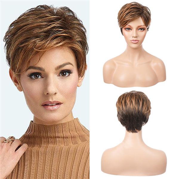 lady short pixie omber brown straight wig synthetic wig with side part bangs heat resistant fiber wig for women daily party use, Black
lady short pixie omber brown straight wig synthetic wig with side part bangs heat resistant fiber wig for women daily party use, Black