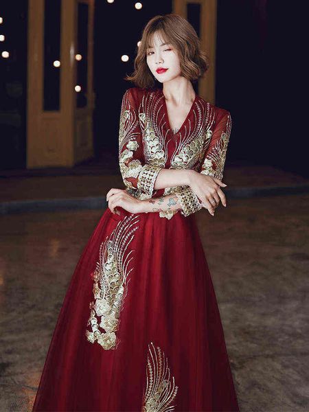 luxury prom dresses toast bride 2021 sleeve wine red chine back door 's long style temperament is thin, Black
luxury prom dresses toast bride 2021 sleeve wine red chine back door 's long style temperament is thin, Black