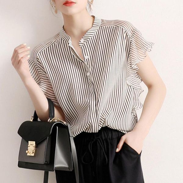 women's blouses & shirts summer chic korean office ladies striped shirt elegant women ruffle sleeve short stand-up collar chiffon, White
women's blouses & shirts summer chic korean office ladies striped shirt elegant women ruffle sleeve short stand-up collar chiffon, White