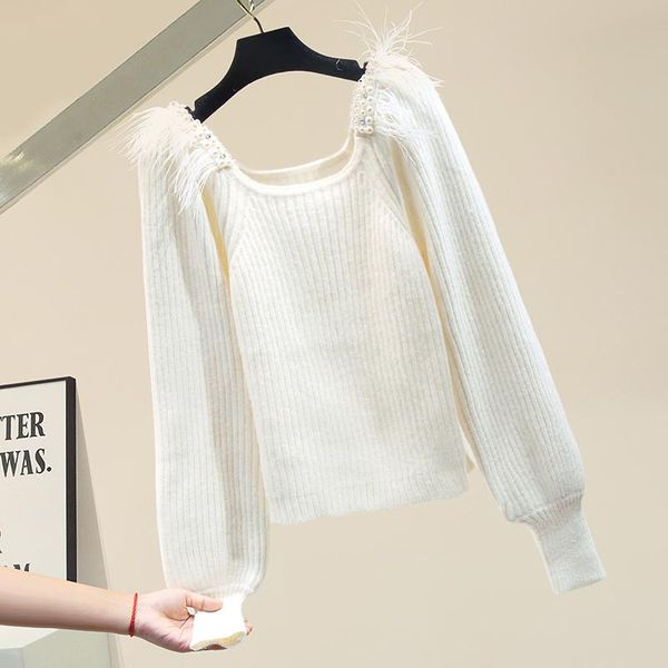 women's sweaters lantern sleeve off-the-neck feather decoration pullover knitted sweater for womens 2021 female loose knit shirt outerw, White;black
women's sweaters lantern sleeve off-the-neck feather decoration pullover knitted sweater for womens 2021 female loose knit shirt outerw, White;black