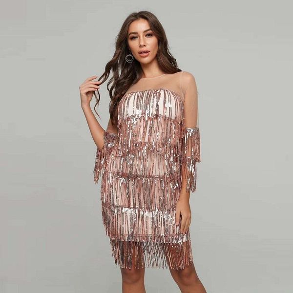 casual dresses elegant women mesh long sleeve round neck fashion tassel sequined dress bandage bodycon summer party short vestidos 2021, Black;gray
casual dresses elegant women mesh long sleeve round neck fashion tassel sequined dress bandage bodycon summer party short vestidos 2021, Black;gray