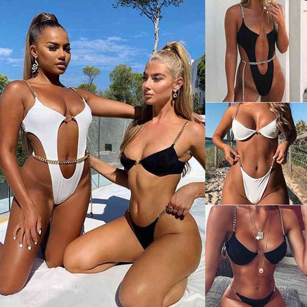 set ladies summer fashion beach casual chain metal buckle bikini white one-piece swimsuit, Black;white
set ladies summer fashion beach casual chain metal buckle bikini white one-piece swimsuit, Black;white