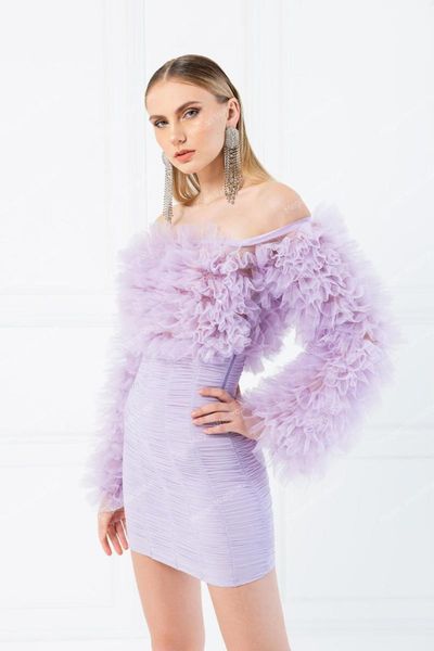 long sleeve off the shoulder women lavander extra y ruffled tulle blouse custom made sheer party top, White
long sleeve off the shoulder women lavander extra y ruffled tulle blouse custom made sheer party top, White