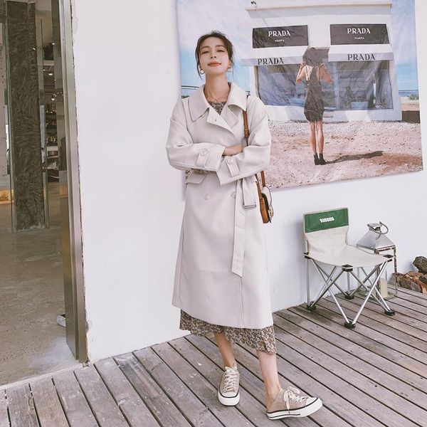 women's trench coats fashion turn down collar windbreaker jacket female 2021 autumn casual all-match waist control mid-length coat with, Tan;black