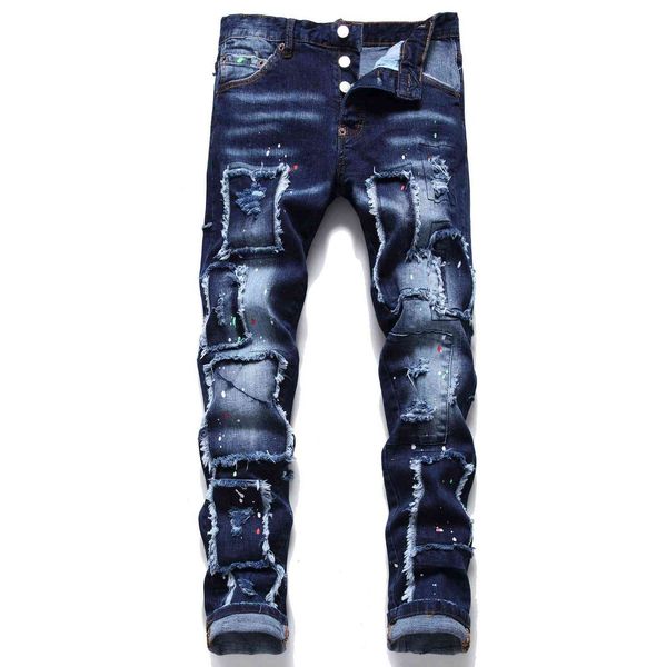 jeans men's wear hole sticking cloth paint splashing elastic personalized fashion, Blue
jeans men's wear hole sticking cloth paint splashing elastic personalized fashion, Blue