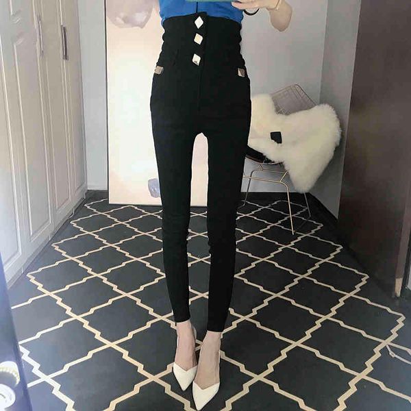 2021 autumn spring new black leggings irregular stretch feet womens metal buttons casual high waist was thin pencil pants, Blue
2021 autumn spring new black leggings irregular stretch feet womens metal buttons casual high waist was thin pencil pants, Blue