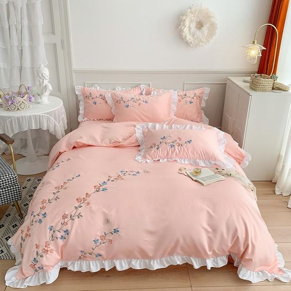 bedding sets luxury pink flowers butterfly embroidery princess style set soft silky ruffles duvet cover flat/fitted sheet pillowcases
bedding sets luxury pink flowers butterfly embroidery princess style set soft silky ruffles duvet cover flat/fitted sheet pillowcases