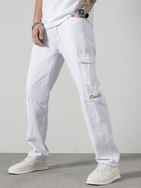 men letter embroidered flap pocket jeans 234o#, Blue 
men letter embroidered flap pocket jeans 234o#, Blue