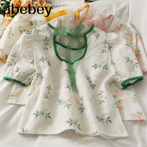 women's t-shirt sweet o-neck puff sleeve mesh lace up bow decoration floral print short 2021 summer women, White
women's t-shirt sweet o-neck puff sleeve mesh lace up bow decoration floral print short 2021 summer women, White