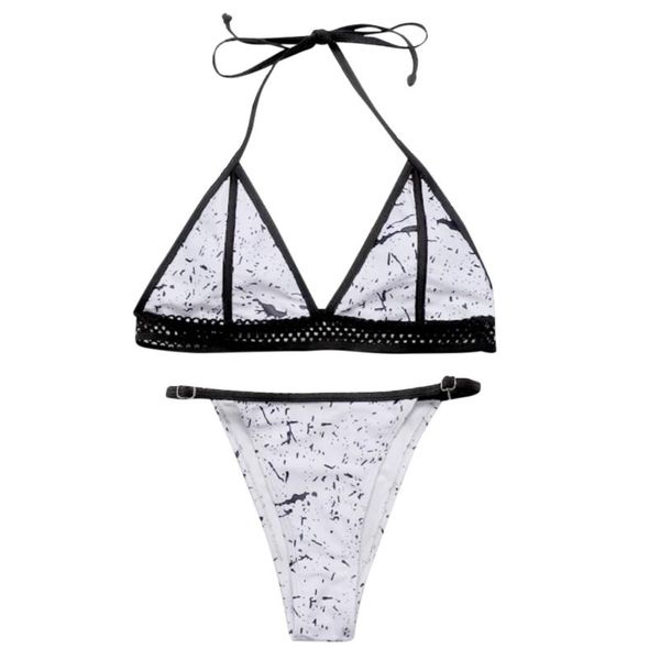 women's swimwear halter neck padded backless hollow out print low waist women bikini set, White;black
women's swimwear halter neck padded backless hollow out print low waist women bikini set, White;black